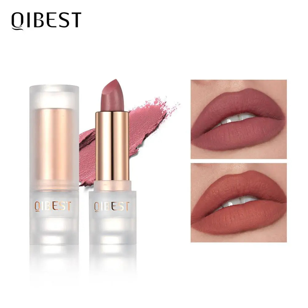 QIBEST Waterproof Lipstick Long Lasting Matte Lip Makeup 11 Colors Velvet Red Lip Tint Cosmetics Red Pink Nude Lipstick Batom