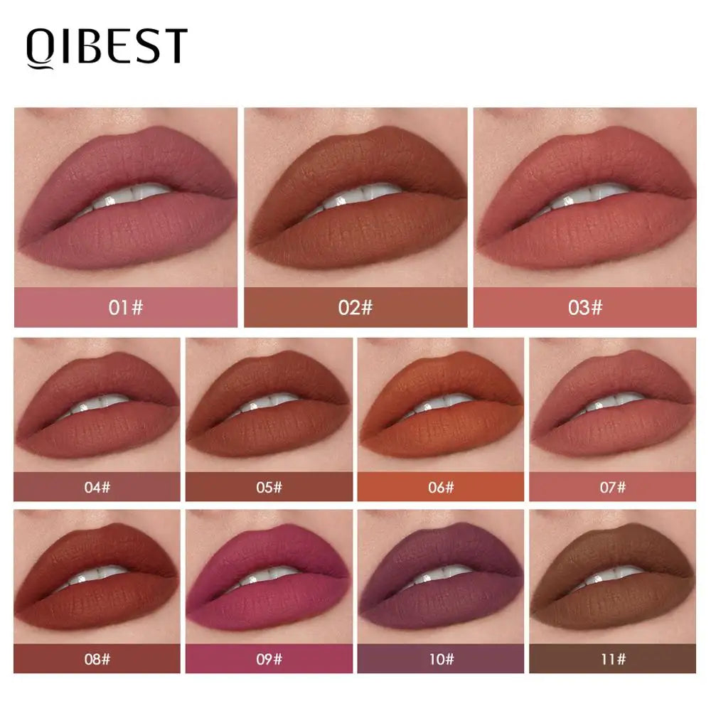 QIBEST Waterproof Lipstick Long Lasting Matte Lip Makeup 11 Colors Velvet Red Lip Tint Cosmetics Red Pink Nude Lipstick Batom