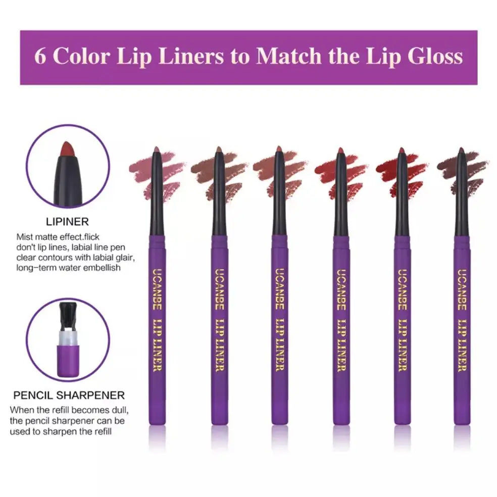 UCANBE Lady's Night Lip Makeup Sets 6pcs Matte Liquid Lipstick + 6pcs Lip Liners Pencil +1PC Primer Waterproof Lip Gloss Kit