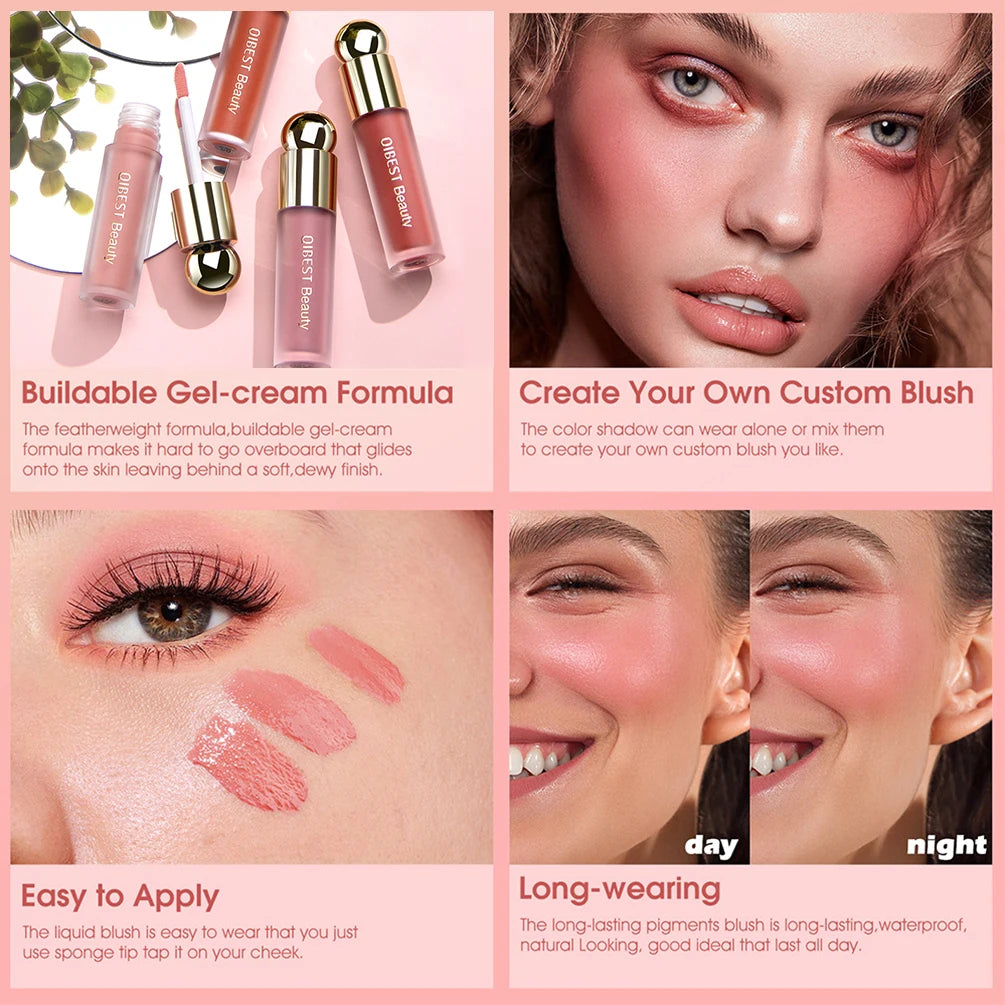 QIBEST Liquid Blush Facial Nourishing Blush Cream Waterproof Multi-purpose Eyes Lips Makeup Blush Stick Cheek Cosmetics Blusher