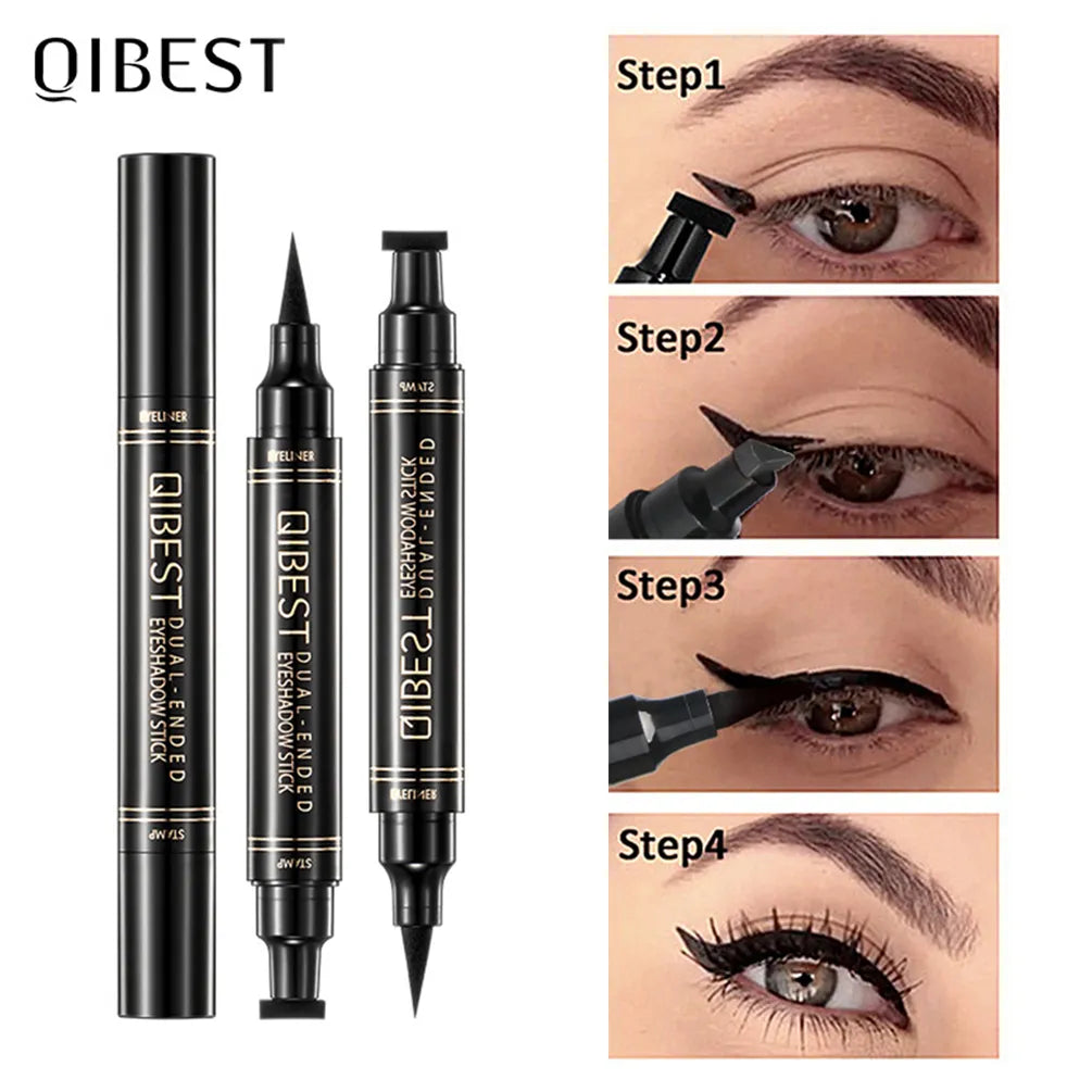 QIBEST Eyeliner Stamp Liquid Eyeliner Pencil 2 In1 Double-Headed Seal Pen Stamps Eyeliner Waterproof Quick Dry Eye Liner Makeup